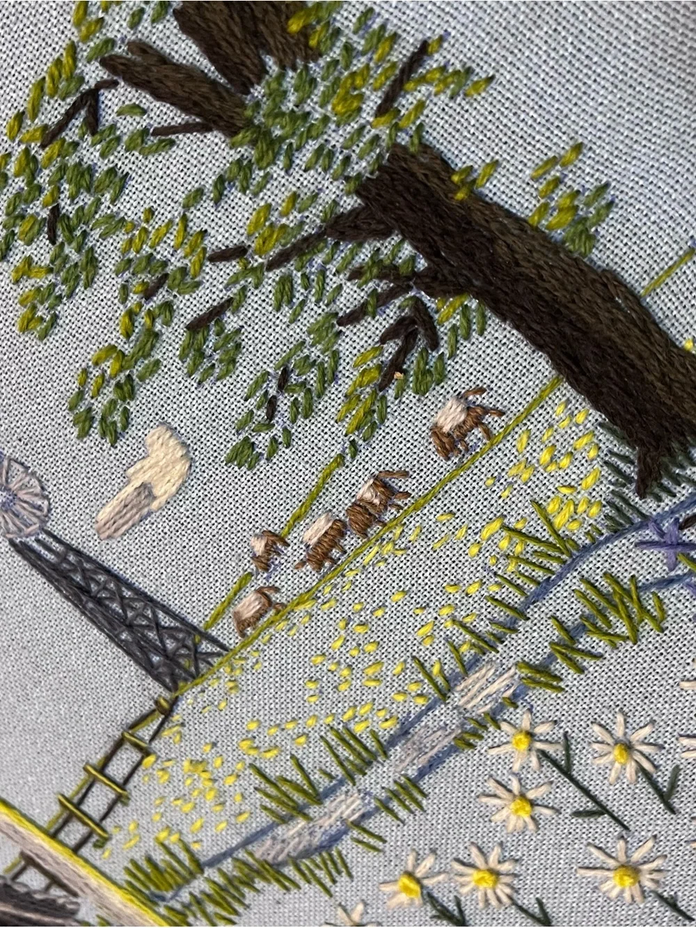 Embroidered Country Meadow Wall Art - Yellow, Red & Green